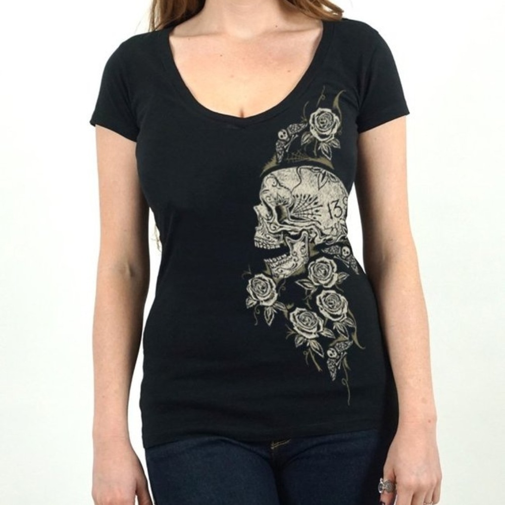 Lucky 13 Skull Rose Fitted V-Neck Top Rockabilly